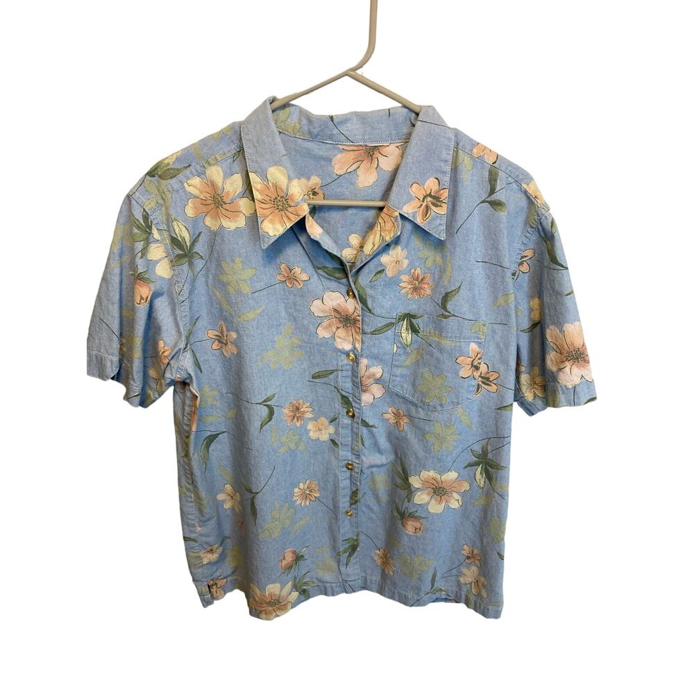 Vintage Short Sleeve Floral Chambray Button Up Blouse Size Large